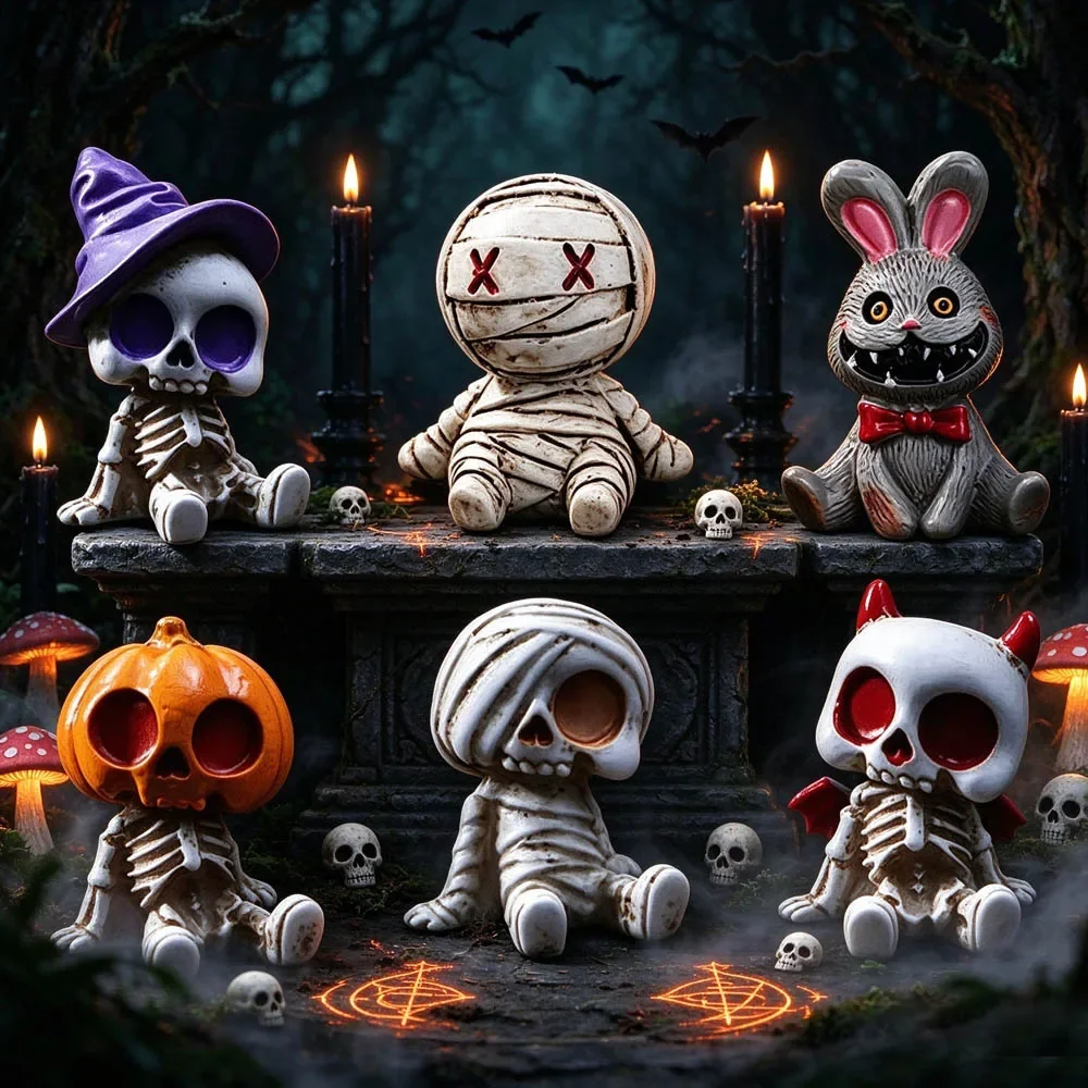 DIY 6PCS Halloween Resin Skeleton Mummy Figurines Mini Statues Micro Car Mounted Potted Plants Landscape Bonsai Car Desk Decor