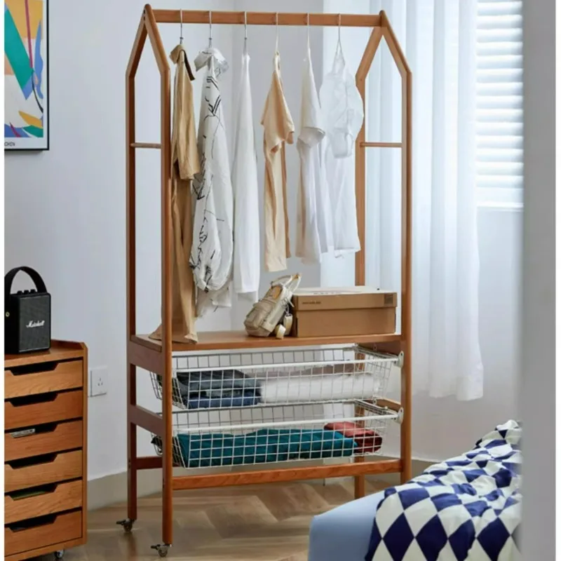Solid wood basket coat rack, cherry wood floor-to-ceiling spring and summer bedroom hanger, bedside clothes storage household