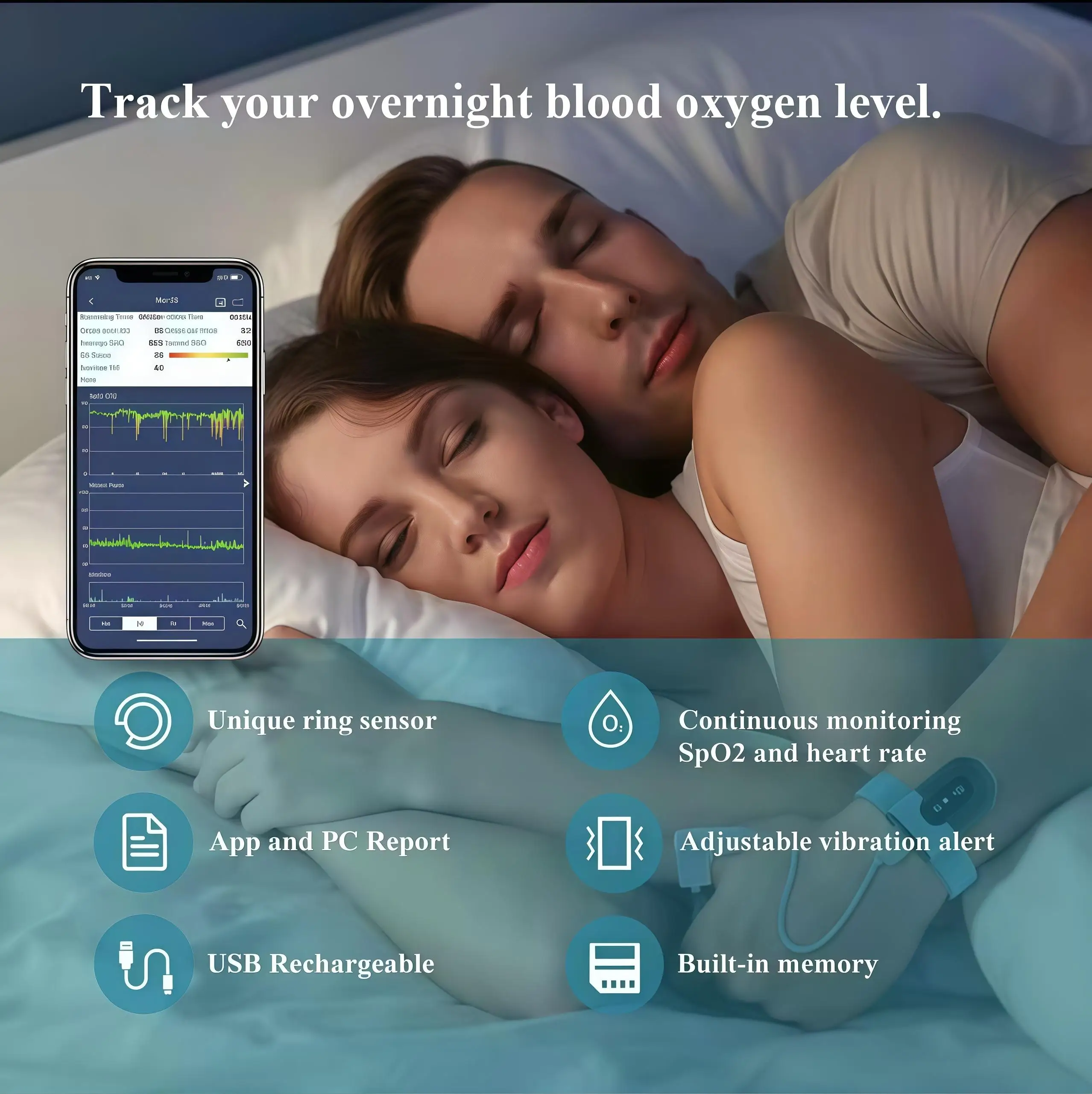 Bluetooth wearable oximeter, pulse rate sleep apnea alarm reminder, APP data management, blood oxygen saturation monitor