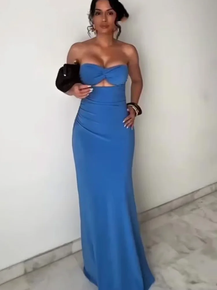 HH Women Summer Solid Back Zipper Sexy Pleated Long Dress Sleeveless Women Fashion Backless Open Design Tube Top Dresses