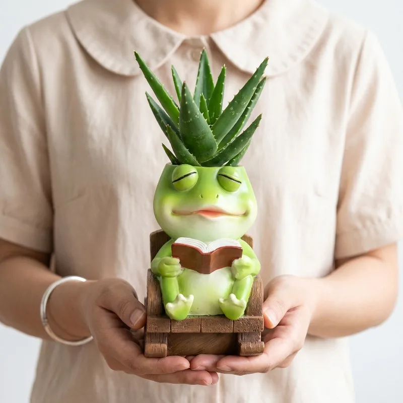 Creative Swing Chair Frog Succulent Planter, Resin Desktop Flower Pot Ornament
