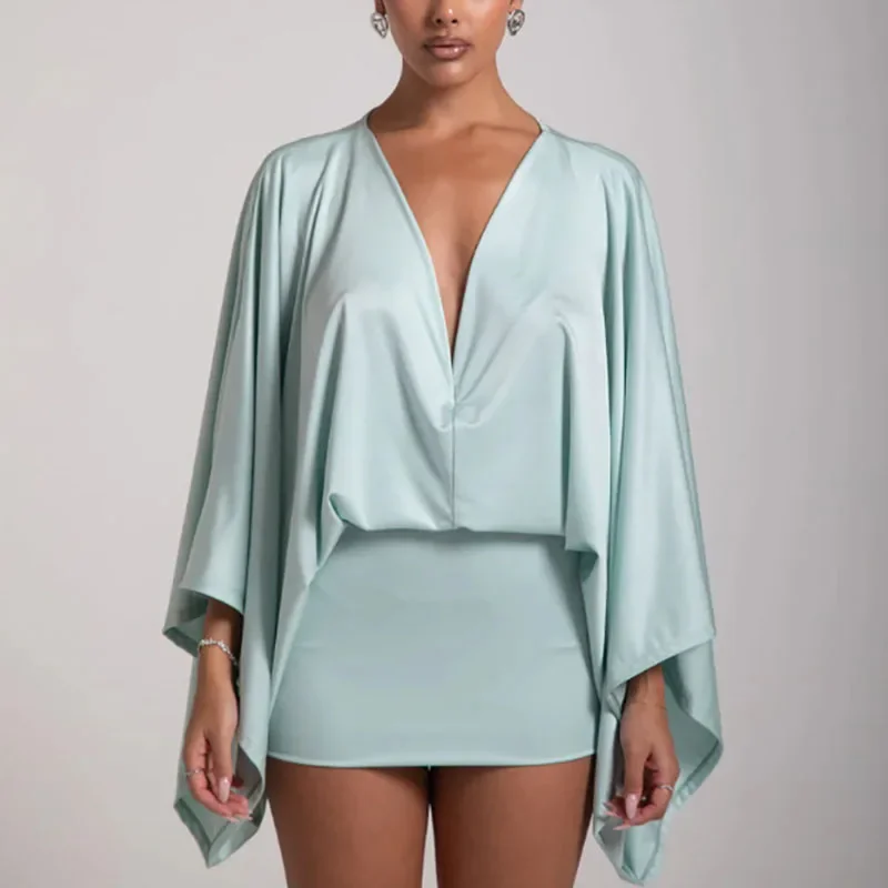 New Autumn Chic Deep V-Neck Boho Dress Retro Solid Spliced Flare Sleeve Prom Dress Spring Woman Club Elegant Slim Fit Mini Dress