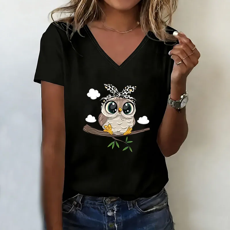 Cartoon-Eulen-Print T-Shirt V-Ausschnitt Lässige Mode Y2k T-Shirts Damen Kurzarm Tee Shirt V-Ausschnitt Sommer Frühling