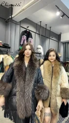 Waschbär Pelz kragen Daunen jacke Frauen 2024 Winter neue High-End-Mode mittellanger Umhang lose Langarm elegante warme Mäntel