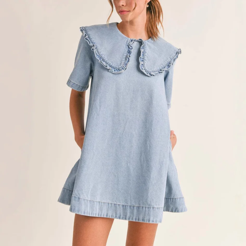 2025 여름 신상 패션 러플 엣지 라펠 여성 데님 드레스 심플 루즈핏 반팔 원피스