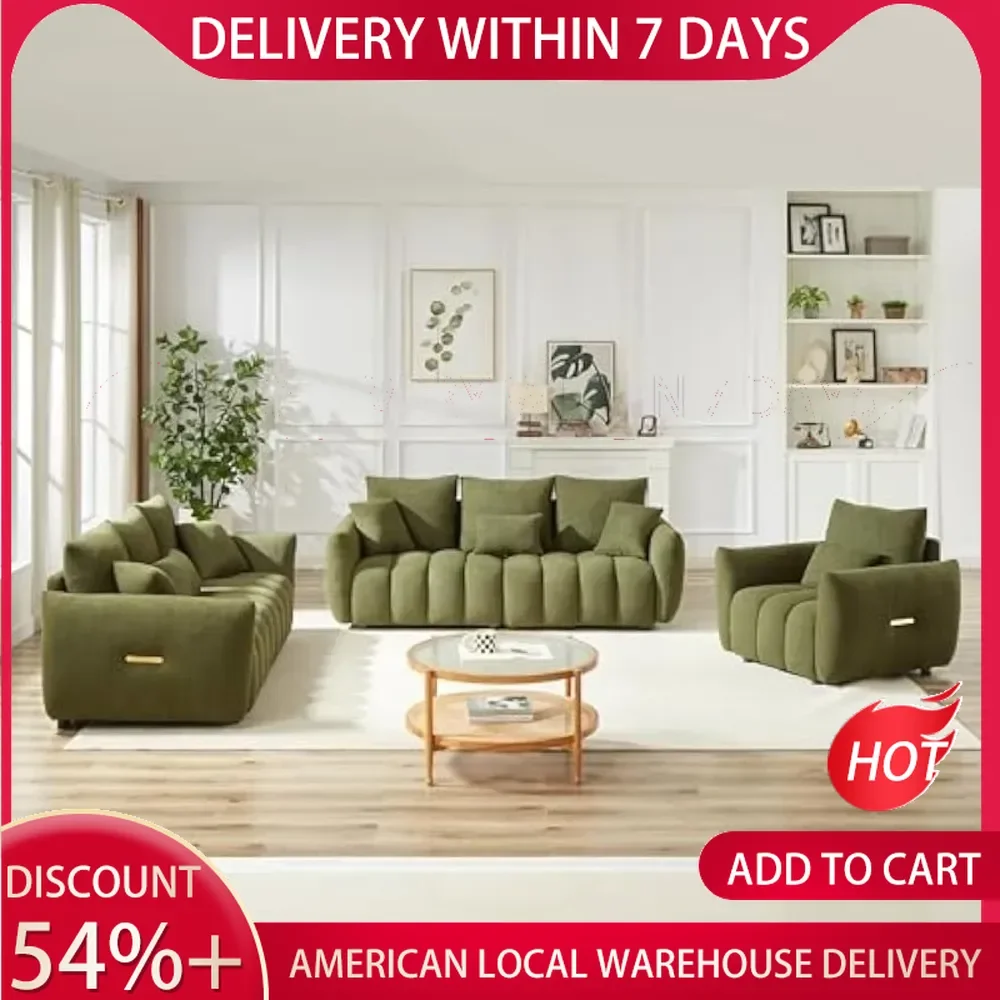 1 Seater + 3 Seater + 3 Seater,Combo Sofa Modern Living Room Sofa,Teddy Sofa, Wooden Frame, 7 Cushions, Apartment Sofa Furniture