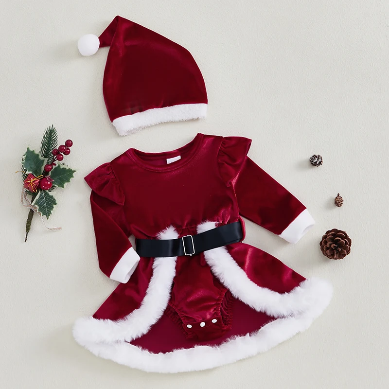 Baby Girls Velvet Romper Dress Terry Trim Long Sleeve Santa Jumpsuit Christmas Hat Adorable Outfits