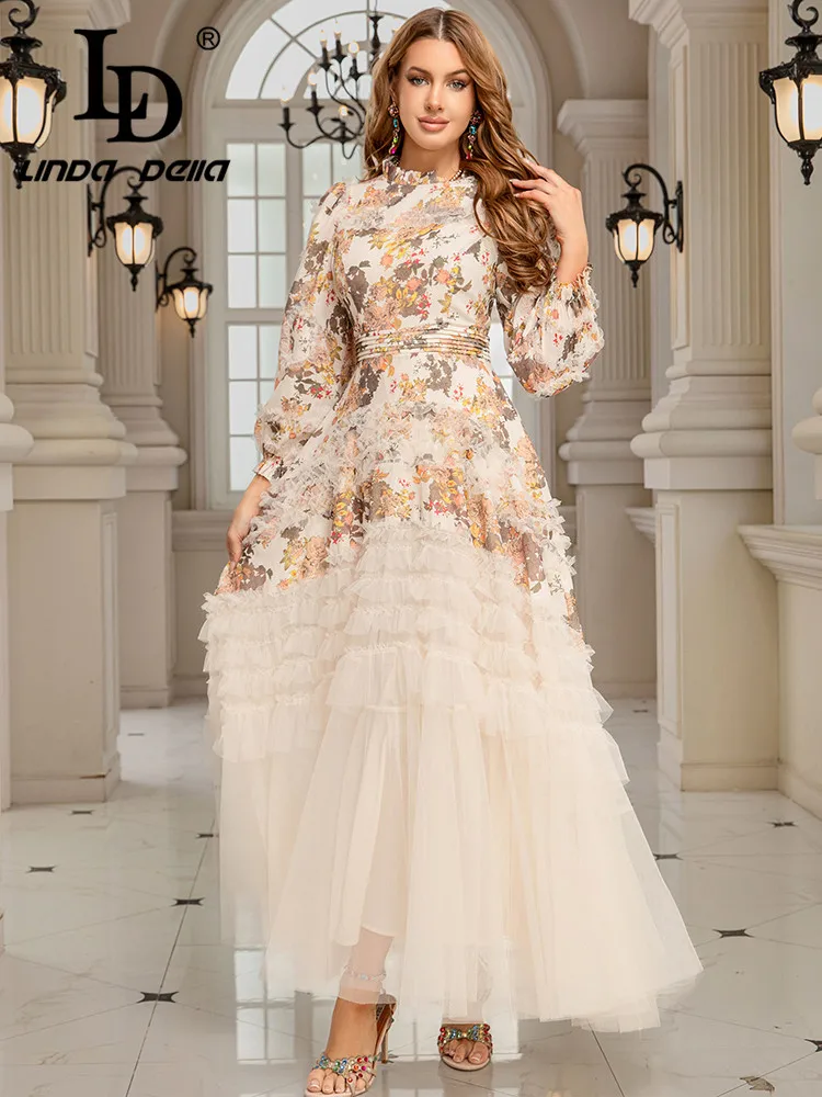 فستان LD LINDA DELLA بتصميم ممتاز للنساء مطبوع عليه أذن خشبية شبكية على طراز القصر الفرنسي بأكمام الأميرة