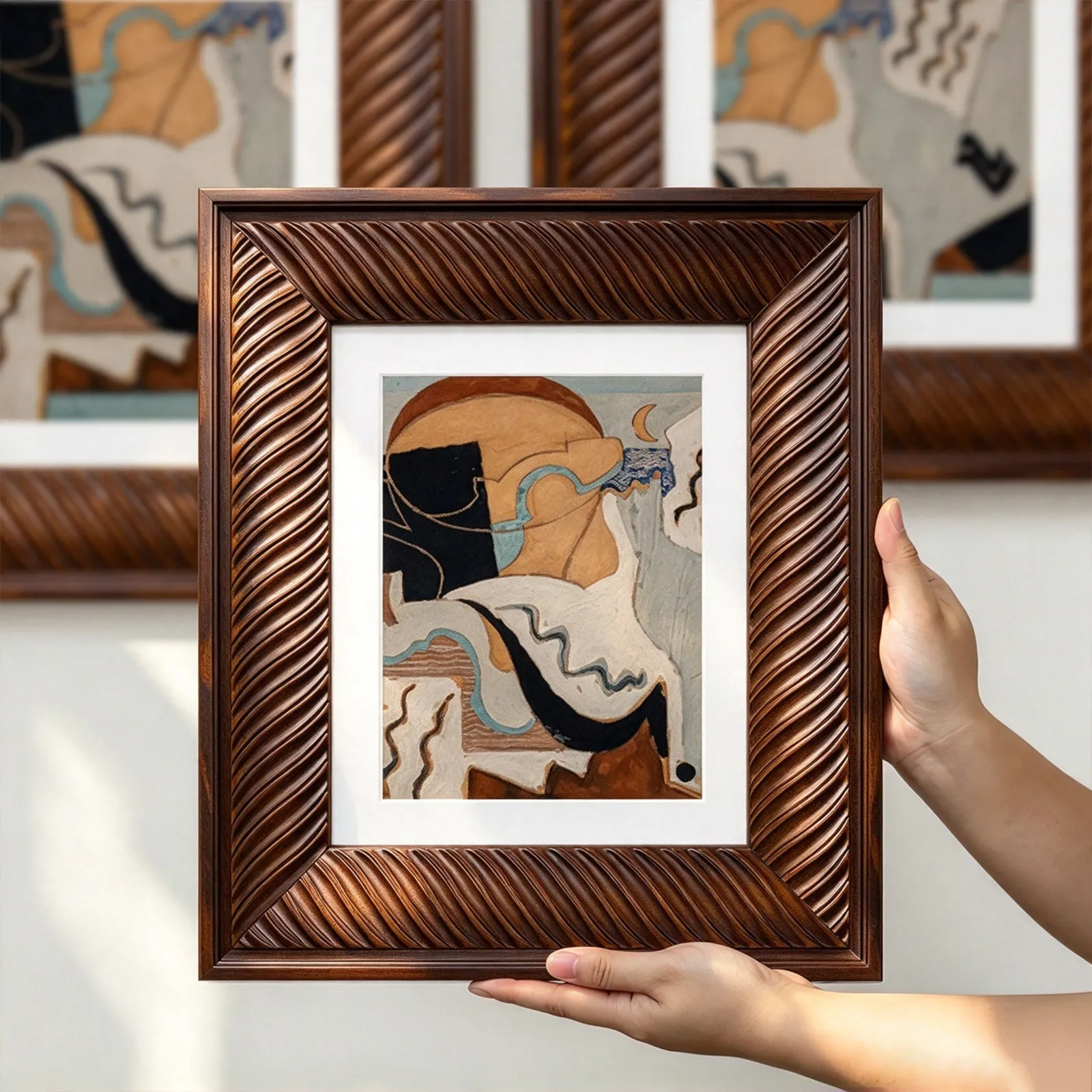 Hand-Carved Solid Wood Frame Dark Walnut Deep Diagonal Groove Texture Picture Frame for Modern Art Oil Painting 8x10