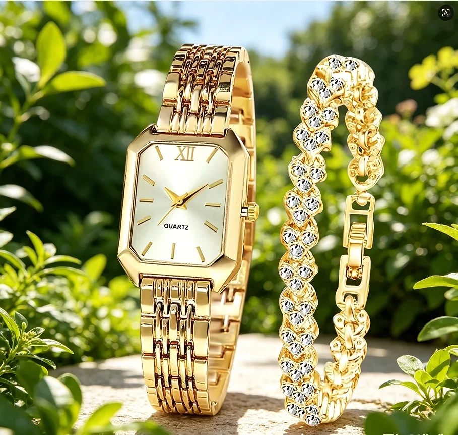 2PCS Fashion Rectangle Women Quartz Watch Rhinestone Bracelet Set Ladies Roma Dial Wristwatch Reloj Mujer Girls Clock Gift
