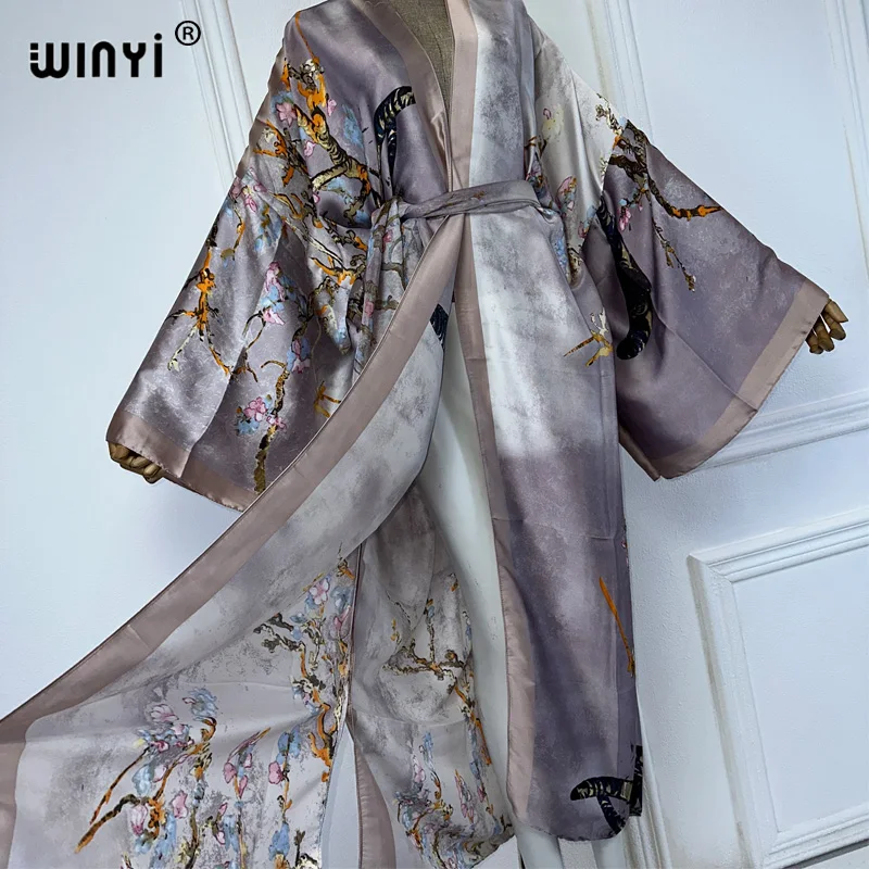 WINYI Kimono Women Summer fashion Print Long Sleeve Cardigan Female Loose abaya Casual beach Cover Up boho dress with scarf