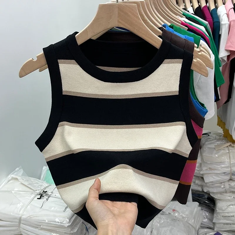 

2025 Korean Style Versatile Striped Slim Tank Tops Women Summer Wearing Outside Fashion Sleeveless Top Women's Crop Tops