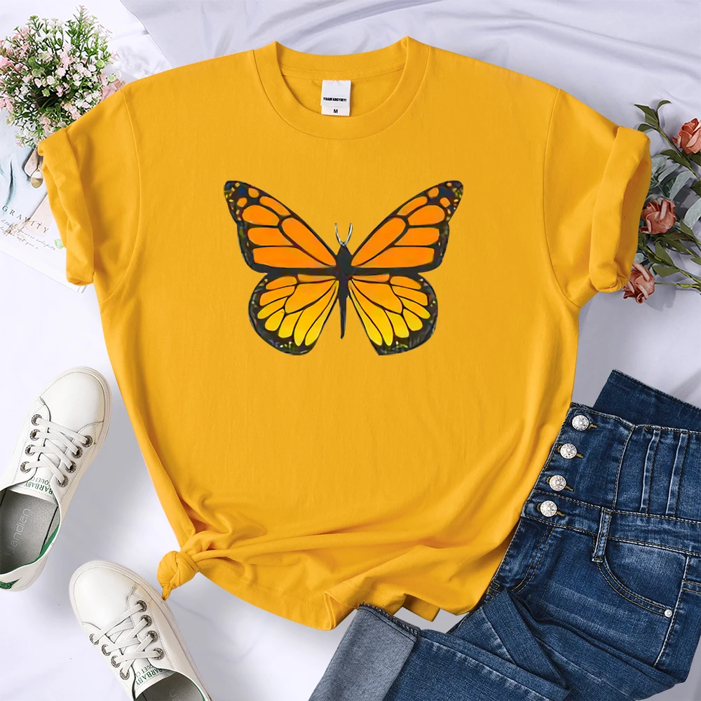 Orange Flower Butterfly Cool T-Shirt Women Fashion Casual Tee Clothes Brand Summer Crewneck Tops Harajuku Oversized T-Shirts