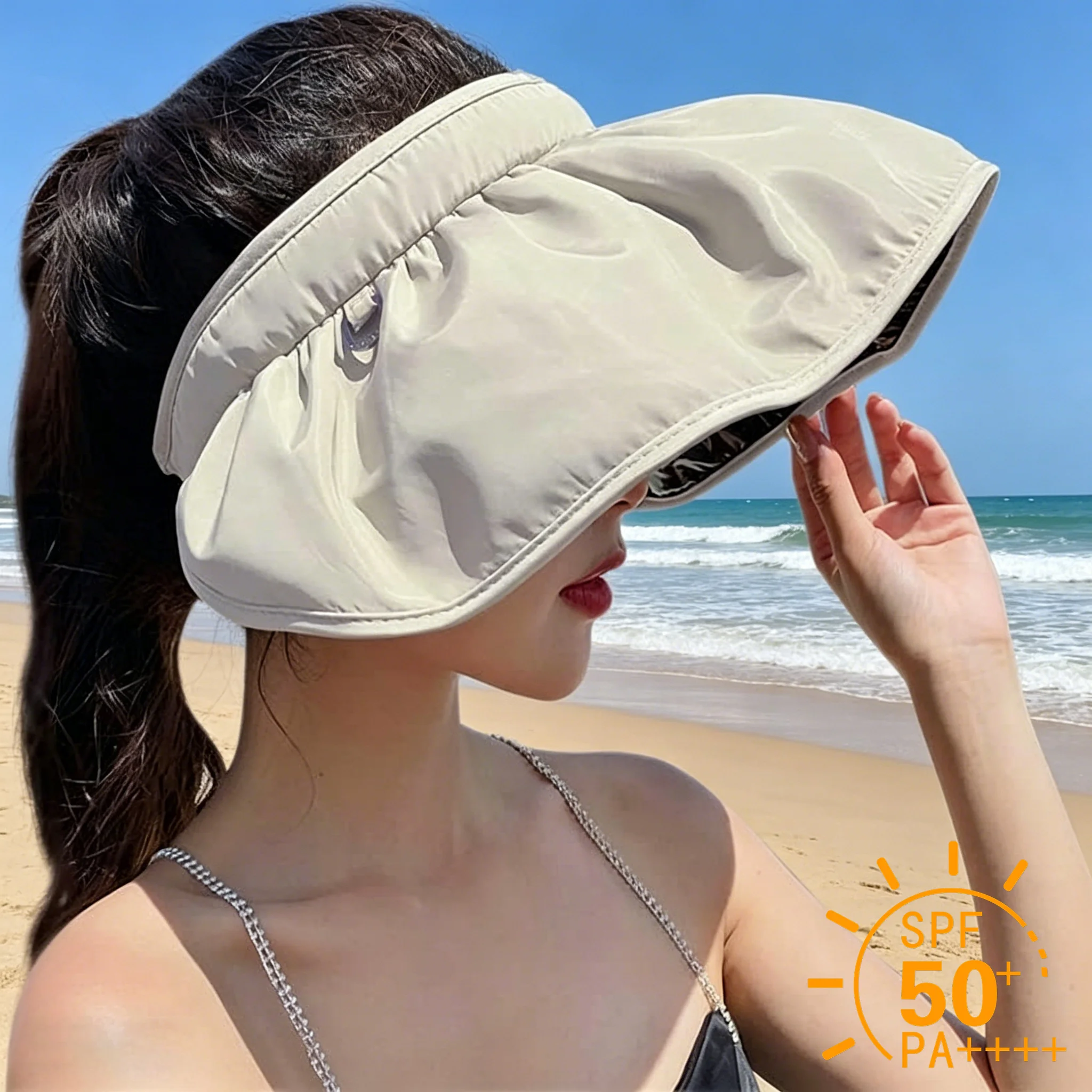 UPF50+ Women Empty Top Sun Hat Foldable Headband Cap Korean 