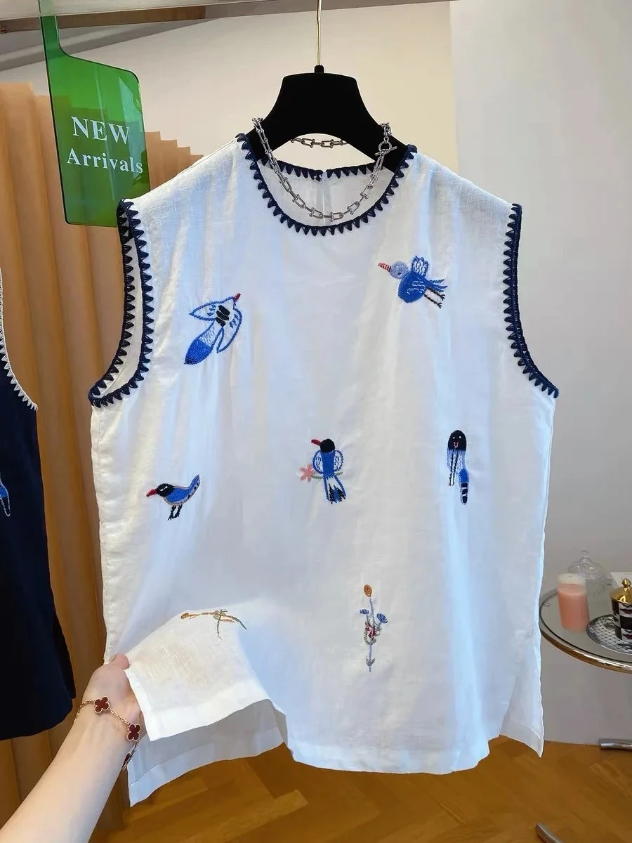 

Льняная жилетка без рукавов, женская рубашка, новинка 2025, лето, винтажная повседневная свободная блузка с вышивкой, майки, топы Camisas De Mujer