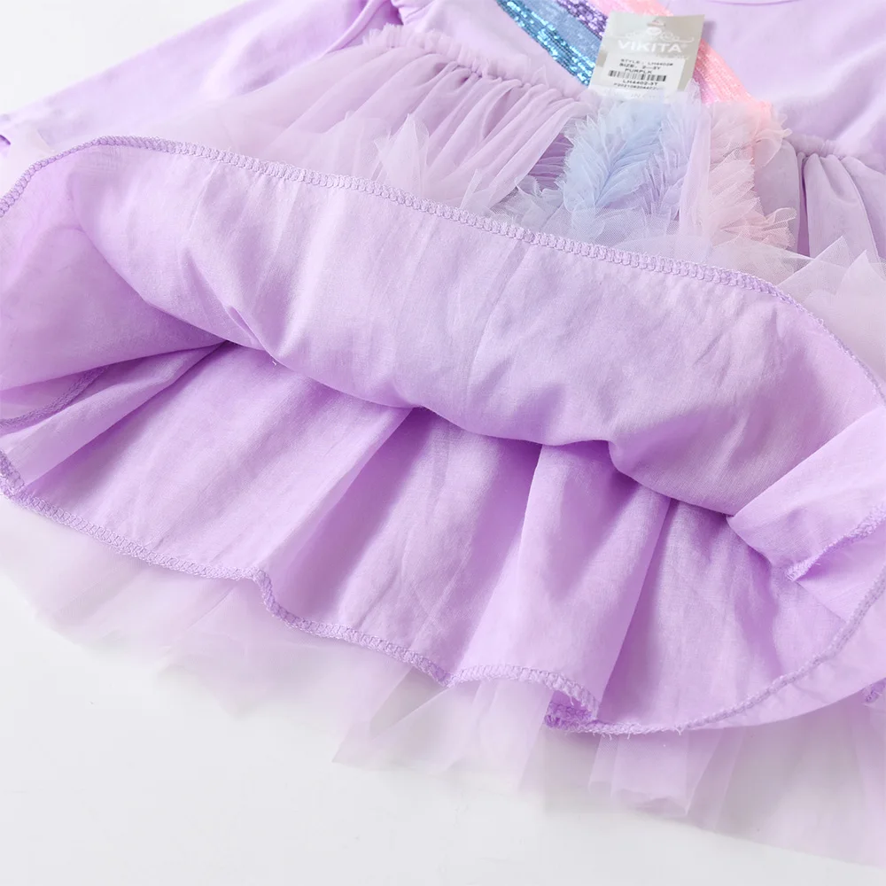 VIKITA Girls Long Sleeve Autumn Spring Winter Dress Kids Rainbow Appliqued Mesh Tulle Tutu Princess Purple Dresses Kids Clothes