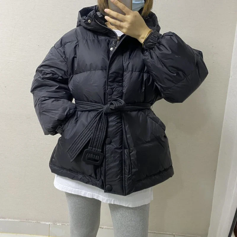 New Down Coat Winter Women's Warm Bread Clothes White Duck Down Jacket for Woman Short Casual with Waist Belt Outer Wear