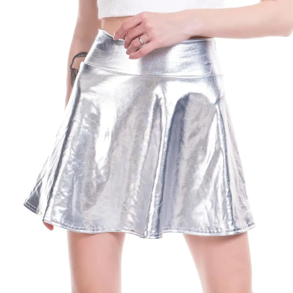

Elegant Metallic Pleated Skirt Retro Flared Design A-line Short Skirt Elastic Gold Silver Shiny Short Dress Stage Costume