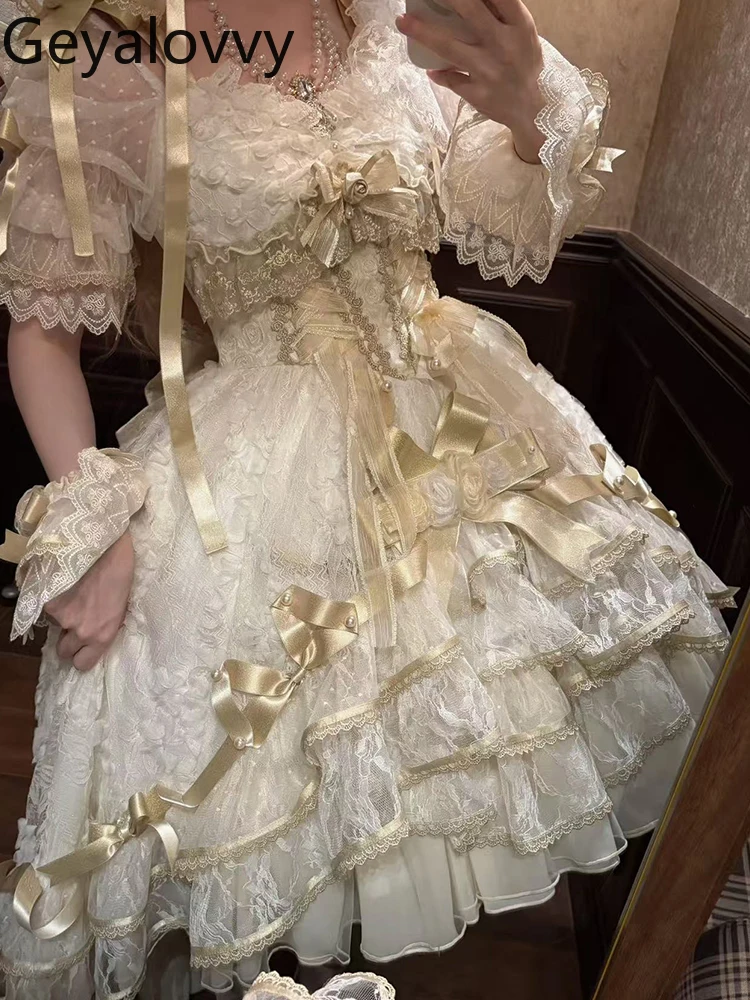 فستان سهرة لوليتا ياباني بعقدة ذهبية لحفلات الزفاف بخصر عالٍ وأكمام قصيرة لحفلات أعياد الميلاد فستان أداء الأميرة الحلوة #3