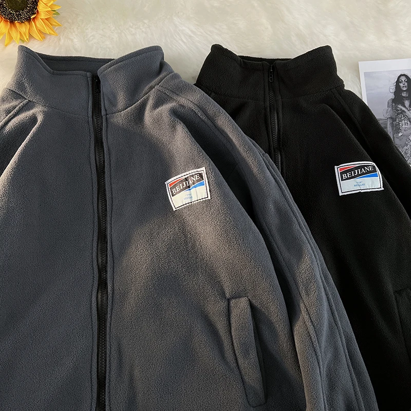 

Thiened Fce Jaet Loose Fit Stand Collar Zipper Closure Long Sve Youthful Sle Spring Autumn ex Jaet