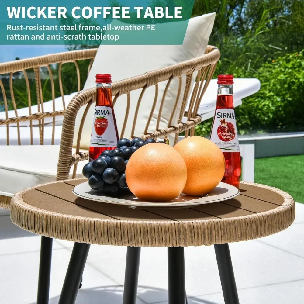 3 Pieces Outdoor Wicker Patio Conversation Bistro Set, All-Weather Rattan Patio Furniture Set with Table & Cushions