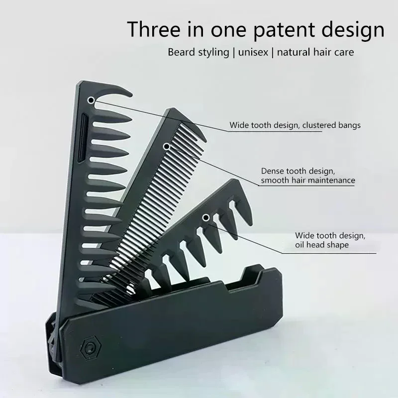 Professional 3 In 1 Pocket Folding Combs Wide Tooth Oil Head Comb Beard Combing Barber Hair Clipper Comb Salon Hair Styling Tool