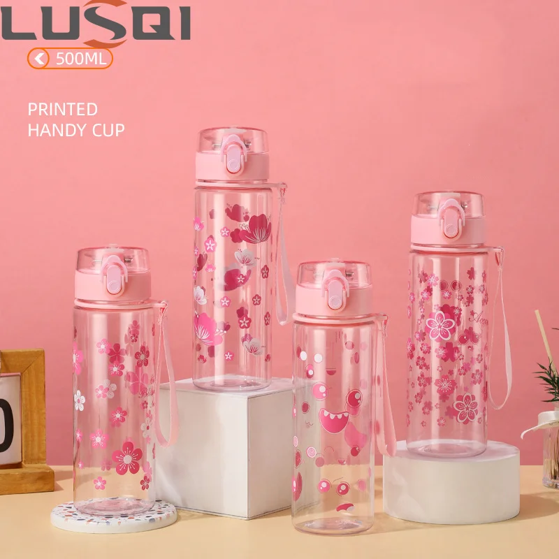 LUSQI 500ML Plastic Water Bottle With Cherry Blossom Pattern BPA-Free Leak-Proof Handle Cup Suitable For Gym Hiking