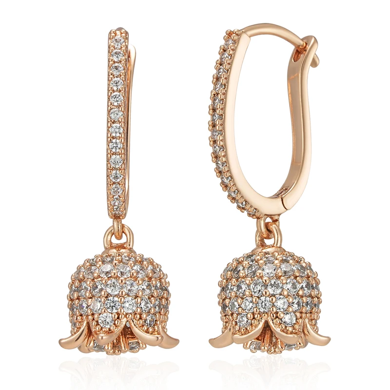Kienl Hot Full Shiny Natural Zircon Long Drop Earring for Women 585 Rose Gold Color Unique Crystal Flower Daily Vintage Jewelry