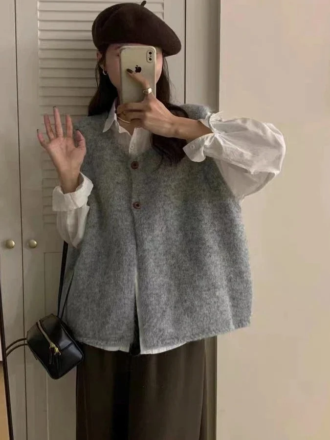 

Мягкий уютный вязаный свитер, жилет, женский свободный многослойный осенний верхний костюм, цветной универсальный предмет для поездок на работу