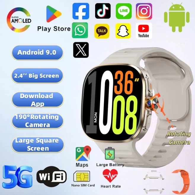 M99 Android Smart Watch 4G SIM Card 2.4'' AMOLED Grande schermo 190 °   Telecamera rotante WIFI GPS Google Scarica Smartwatch da uomo