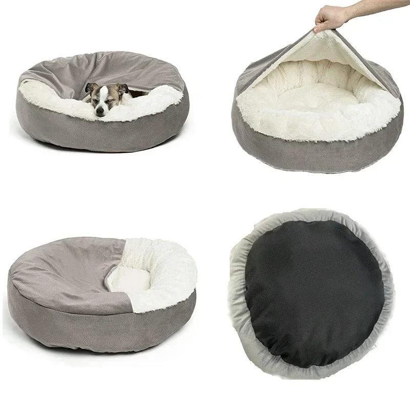 Four Seasons Washable Round Dog Cat Bed with Attached Blanket, Soft Plush Cozy Donut Cuddler, Hooded Pet Beds, puppy/dog beds