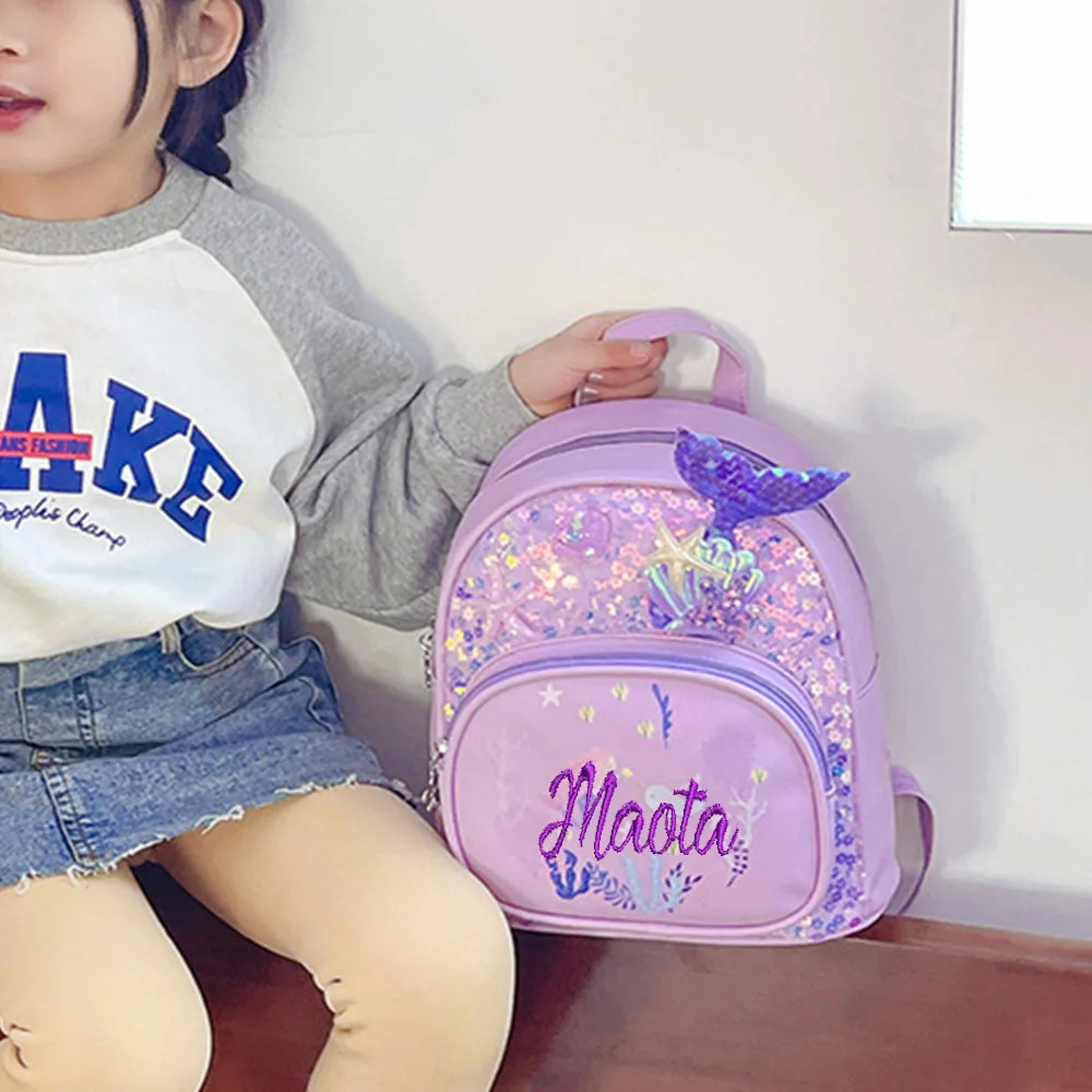 Girl\'s Kindergarten Cute Mermaid Backpack Personalized Your Name Lightweight Baby Outdoor Snack Backpacks Custom Kids Gift Bag