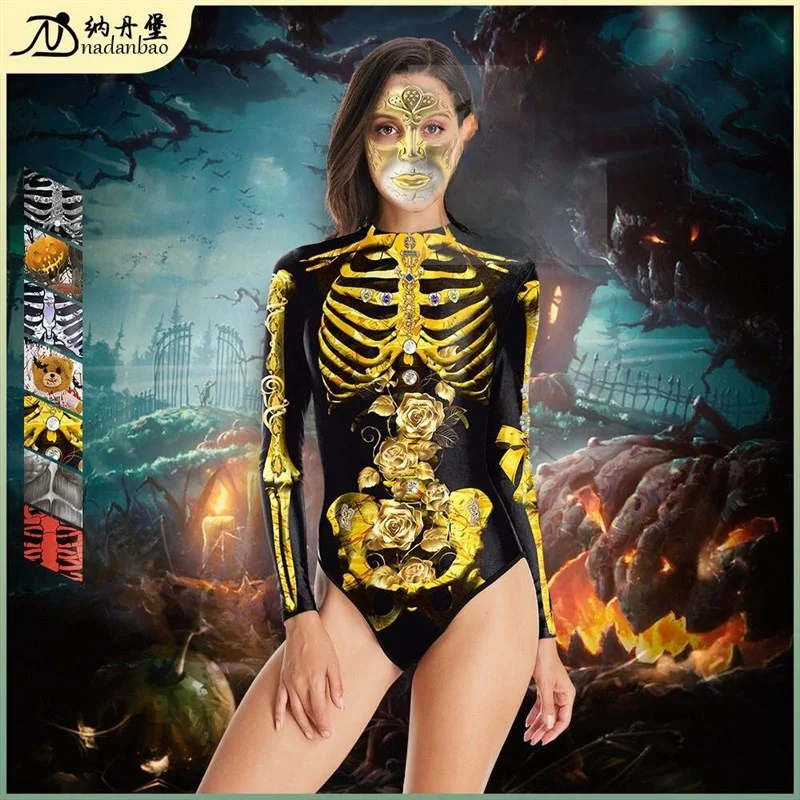 

Halloween 3D Digital Print Swimsuit Long Zipper O Neckline Women's Fashion Swimwear for Special Occasions