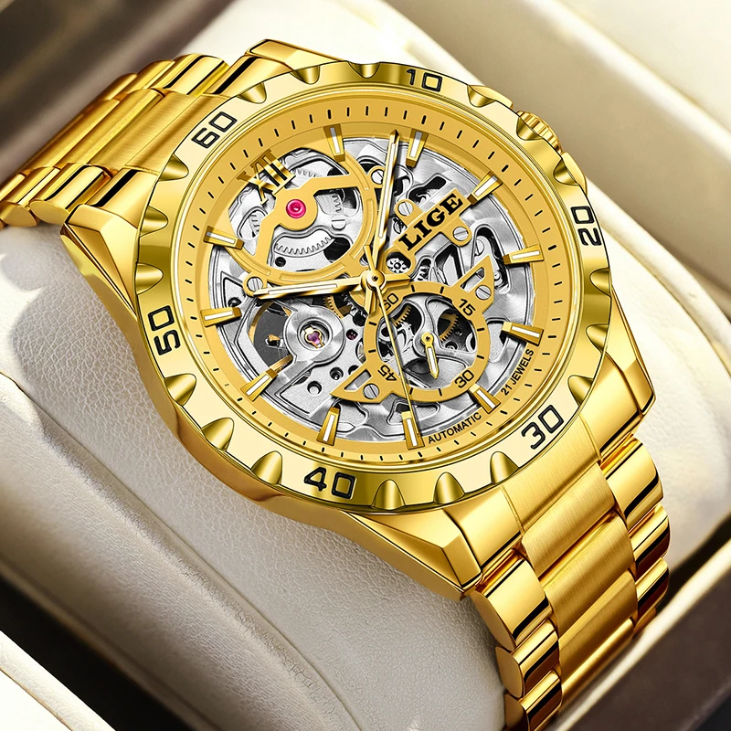 LIGE Fashion Sport Men Mechanical Watch Stainless Steel Waterproof Hollow Skeleton Automatic Watches For Men Relogios Masculino