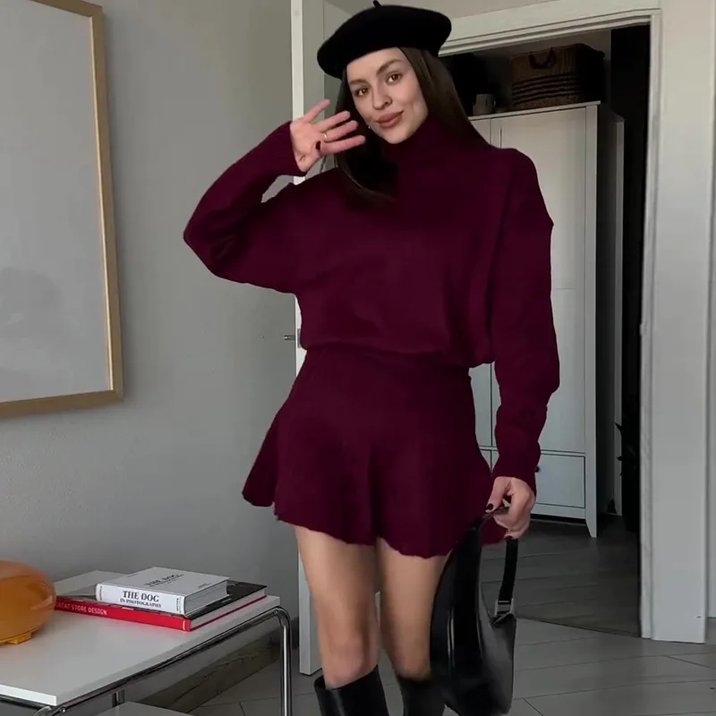 Winter Knitted Skirt Suits Women Wine Red Turtleneck Long Sleeve Sweater +Pleated Mini Skirts 2 Pieces Set Female Chic Outfits