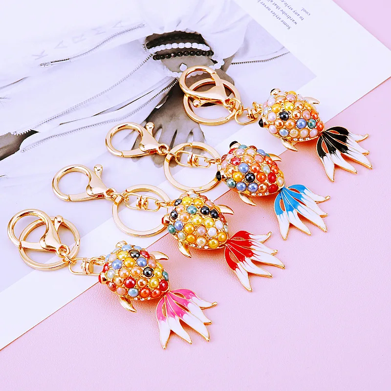 

Creative Exquisite Crystal Mermaid Goldfish Keychain Car Keys Holder Rhinestone Pearl Bag Pendant Keyrings Jewelry Gifts