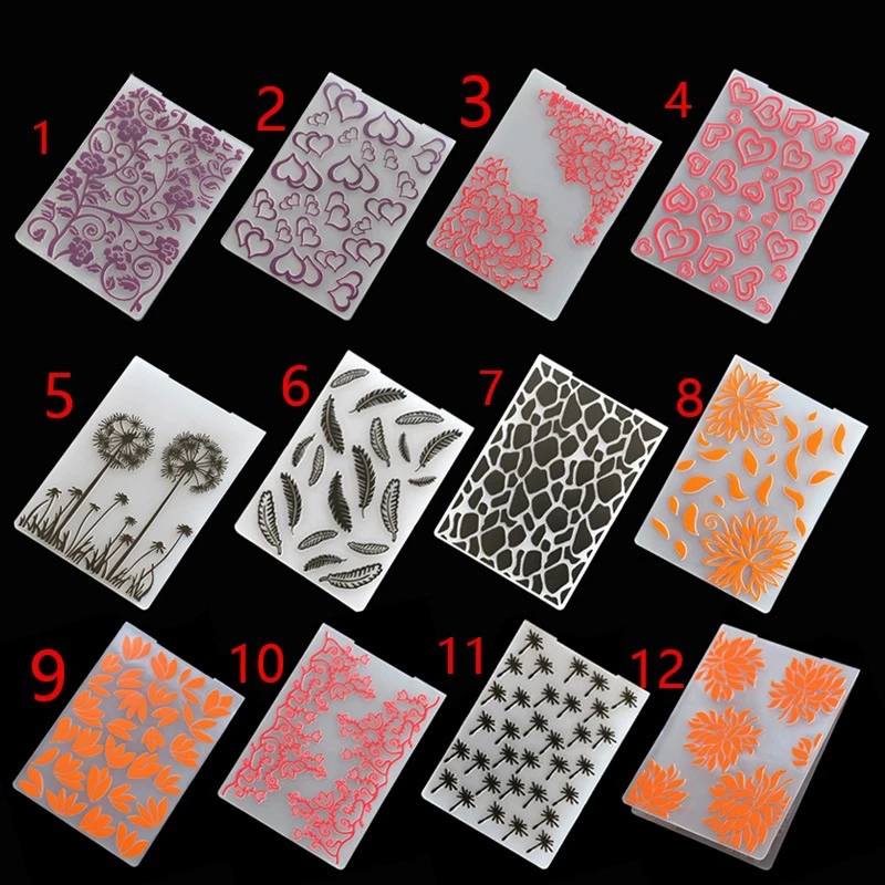 12 style 3D tłoczenie Folder przezroczyste tłoczenie plastikowe talerze projekt na papier do majsterkowania wykrojniki Scrapbooking 10.5x14.5cm