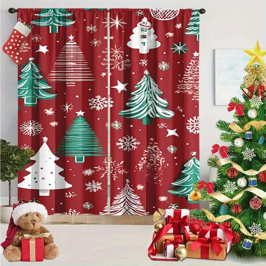 2PCS Christmas Winter Curtains, Christmas Tree Collection Snowflake Star Red, Digital Print, Bedroom Living Room, Home Decor