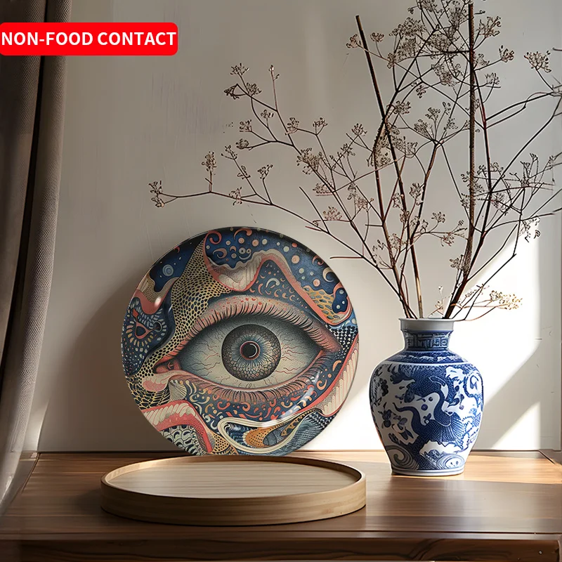 1pc Art Deco Style Round Ceramic Decorative Plate, Abstract Eye Pattern Wall Hanging, Non-Food Contact Home & Living Room Wall