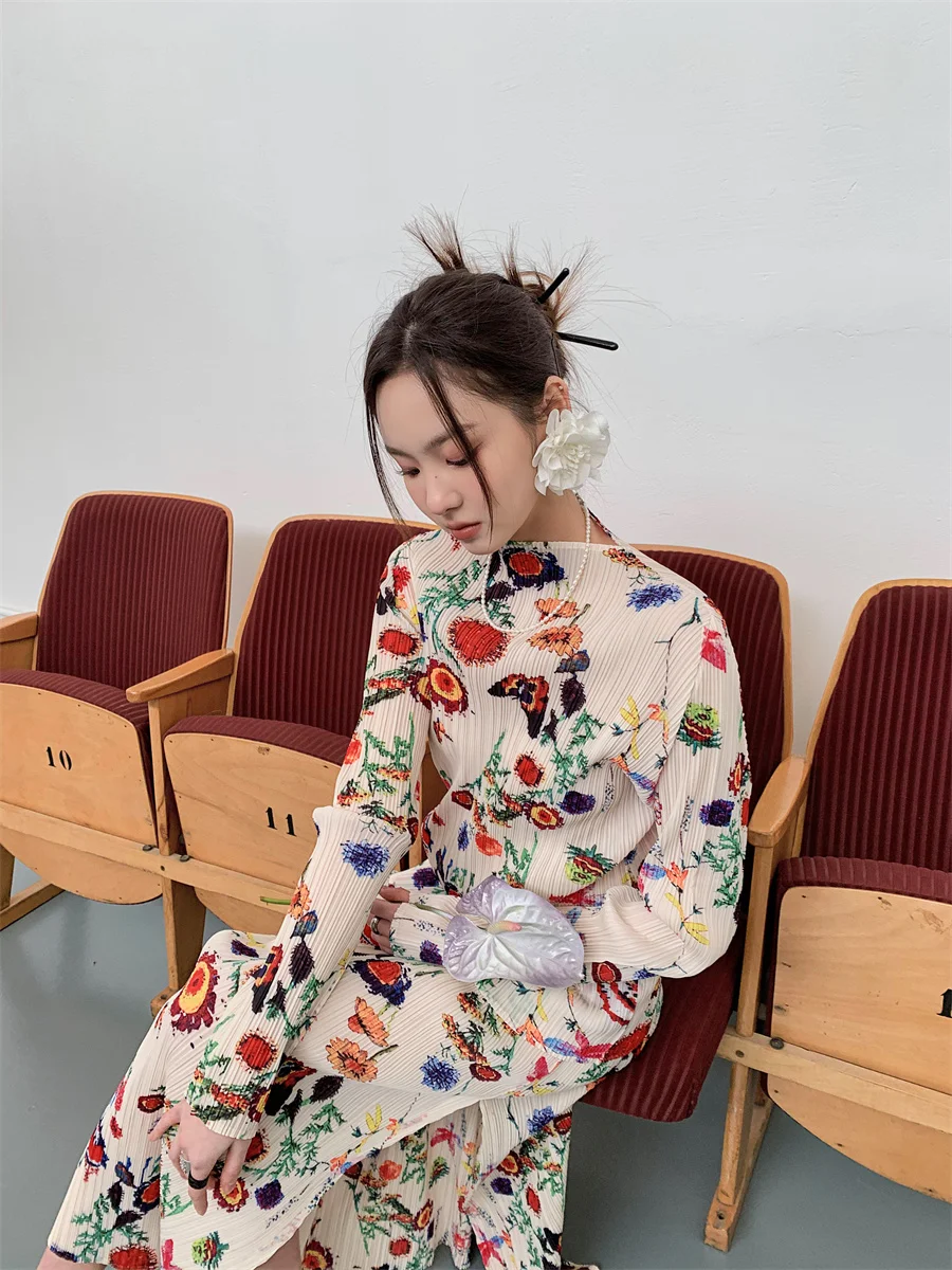 CHEERART 2 Piece Floral Print Pleated Blouse Spring 2022 Womens Korean Fashion Ladies Top Long Sleeve Designer Clothing