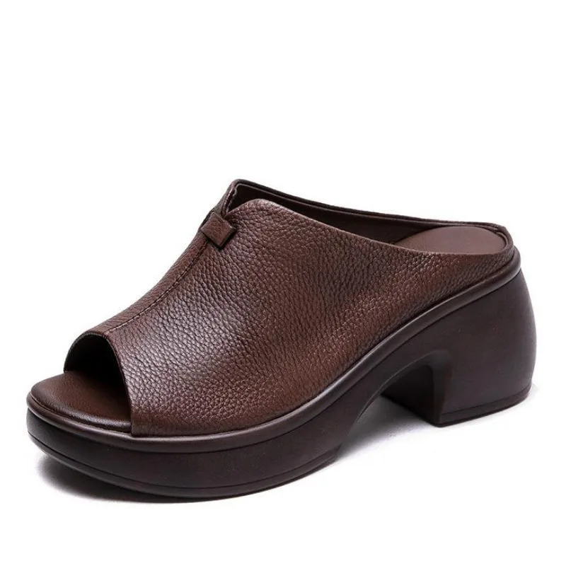 

7 см модные женские тапочки из 100% натуральной кожи, летние повседневные шлепанцы на платформе с открытым носком, тапочки без шнуровки на толстом высоком каблуке