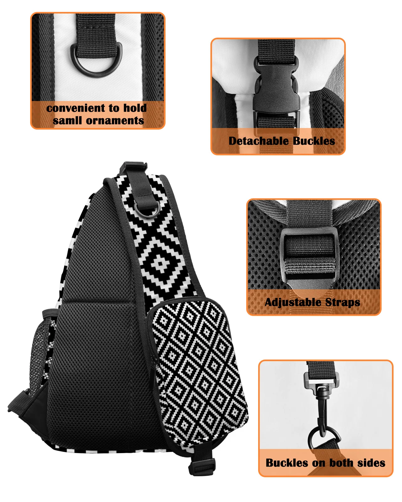 Geometric Square Texture Black Chest Bags para homens e mulheres, impermeável, Messenger Bags, Viagem, Esporte, Um Ombro, Crossbody Bag