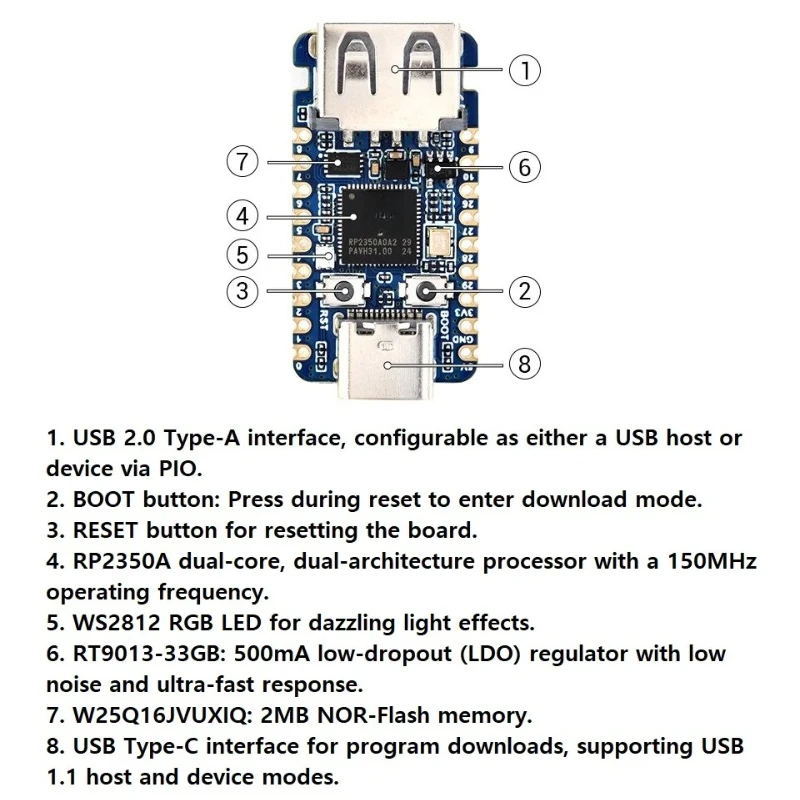 1Pcs RP2350 Mini Development Board, Equipped with an Onboard USB Type-A Expansion Port