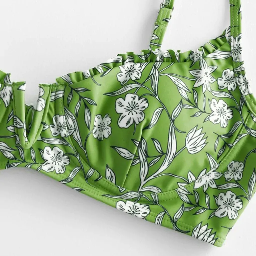 Sexy V Green Flower Print Bikini Set Swimsuit Women Y2k Two Piece Swimwear Luxury Tankinis Sets Spring Summer Beach Mujer Swim