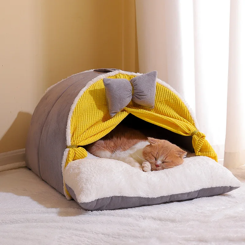 Luxurious Semi-Enclosed Cat Kennel Bed Teepee Tent Kennel Mattress Cute Decorative PP Cotton Filling Warm Breathable Cama Gato