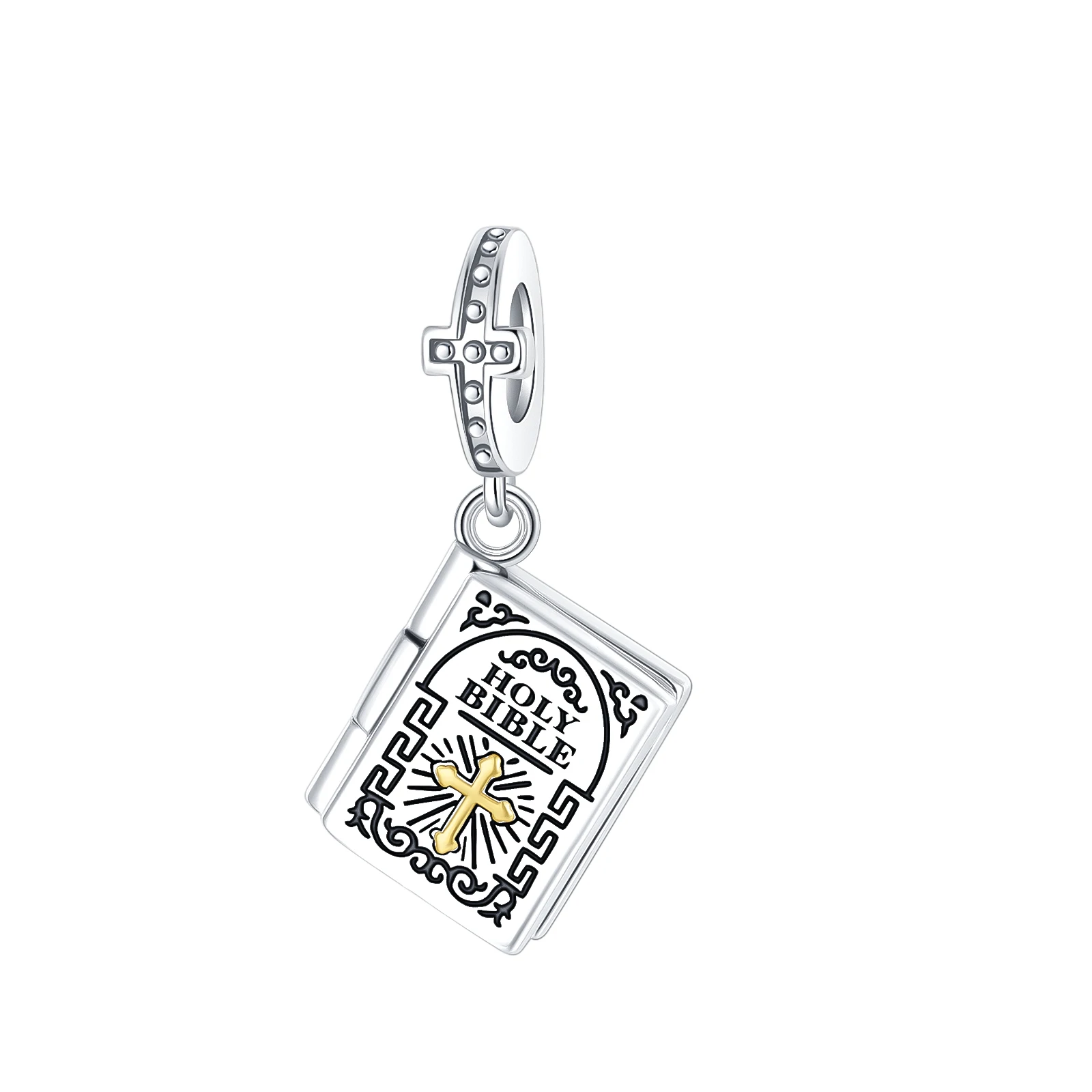 925 Sterling Silver Openable Holy Bible Dangle Charm Two-Tone Gold Cross Scripture Locket Bead Fit Bracelet DIY Jewelry Gift