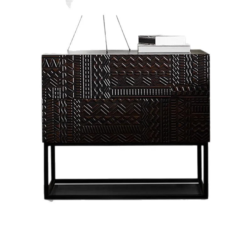 Modern wabi-sabi teak solid wood pure hand-carved bedside table light luxury retro side cabinet double pumping storage cabinet