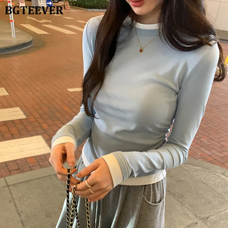 BGTEEVER Casual Slim Women Patchwork Tees Autumn Winter Fashion Long Sleeve Female Skinny Pullovers T-shirts Ladies Basic Tops