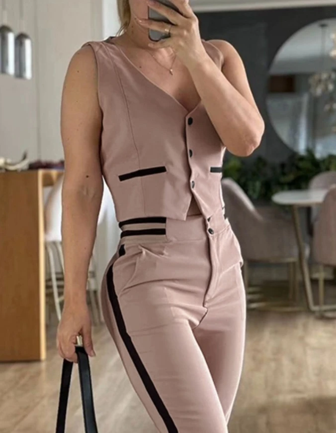 Striped Sleeveless Slim Fit Front Button Vest Set Contrast Binding High-Waisted Cropped Skinny Pants Casual Set