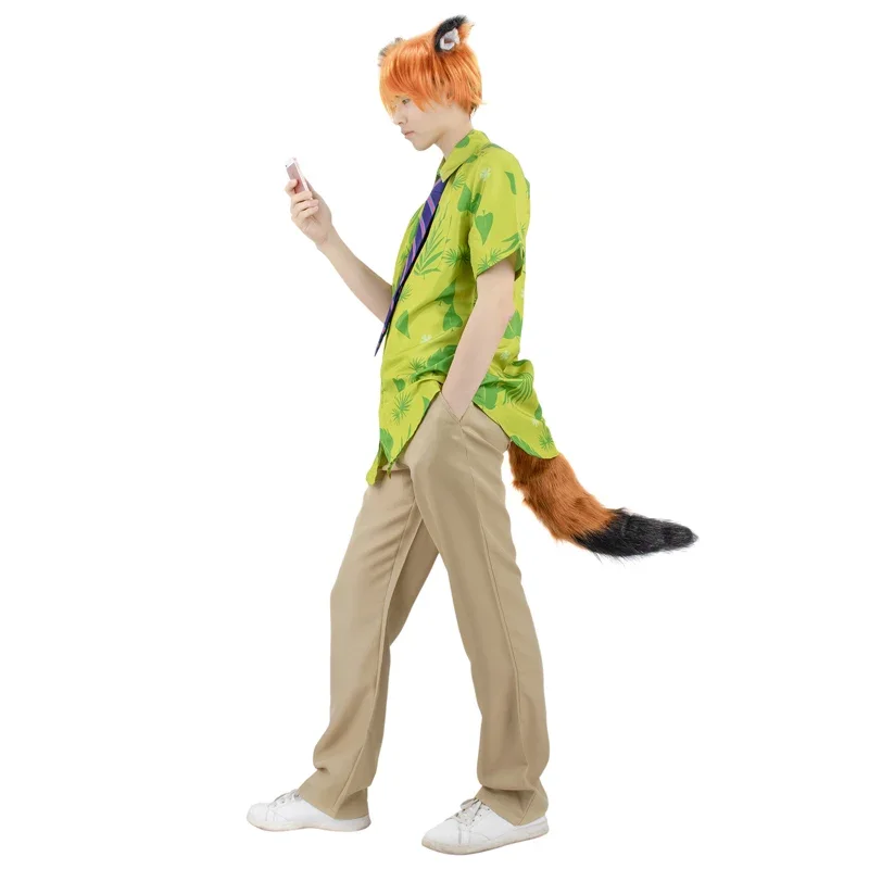 DAZCOS Fox Nick Wilde Cosplay Shirt With Tie Men Halloween Green Leaves Printed Summer Casual T-Shirt and Necktie